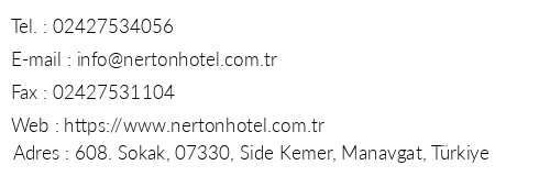 Nerton Side Hotel telefon numaralar, faks, e-mail, posta adresi ve iletiim bilgileri